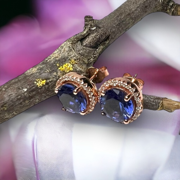 Tanzanite Halo Earrings Handcrafted 18K Rose Gold Vermeil , December Birthstone - Picture 7 of 7